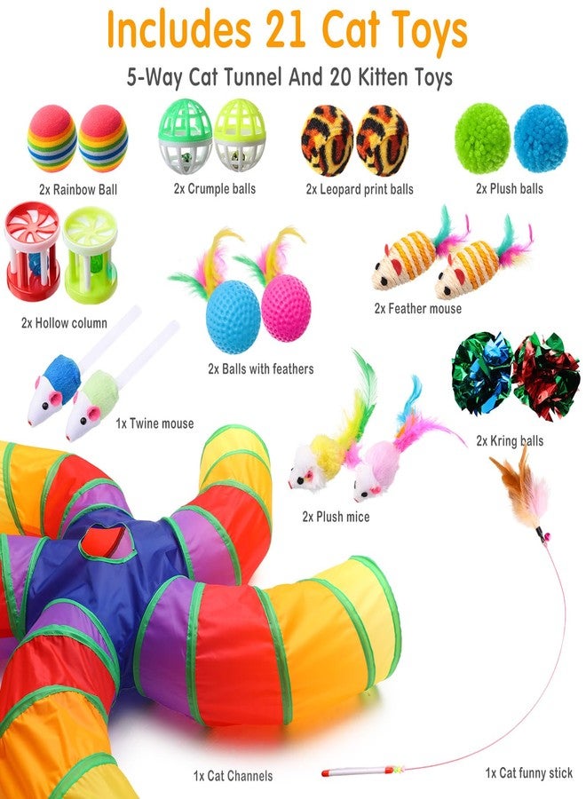 Poen مجموعة أنفاق القطط الداخلية من بوين، 21 قطعة، أنابيب قابلة للطي بخمسة اتجاهات مع 20 قطعة من ألعاب القطط الصغيرة، لعبة ريش تفاعلية، فأر، كرات خشخشة، أنبوب للجراء والقطط والأرانب (ملون) - Image 2